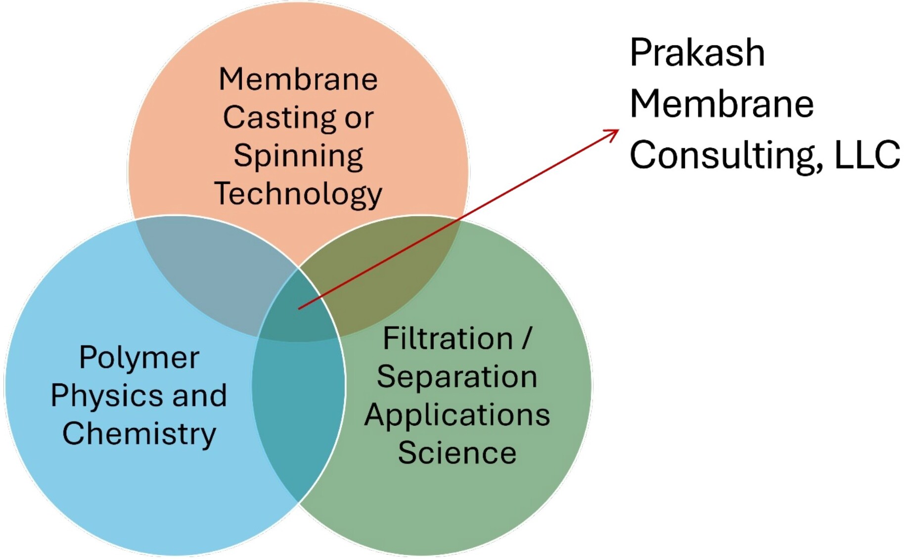 Venn diagram: membrane casting technology, polymer physics and chemistry, filtration and separation applications